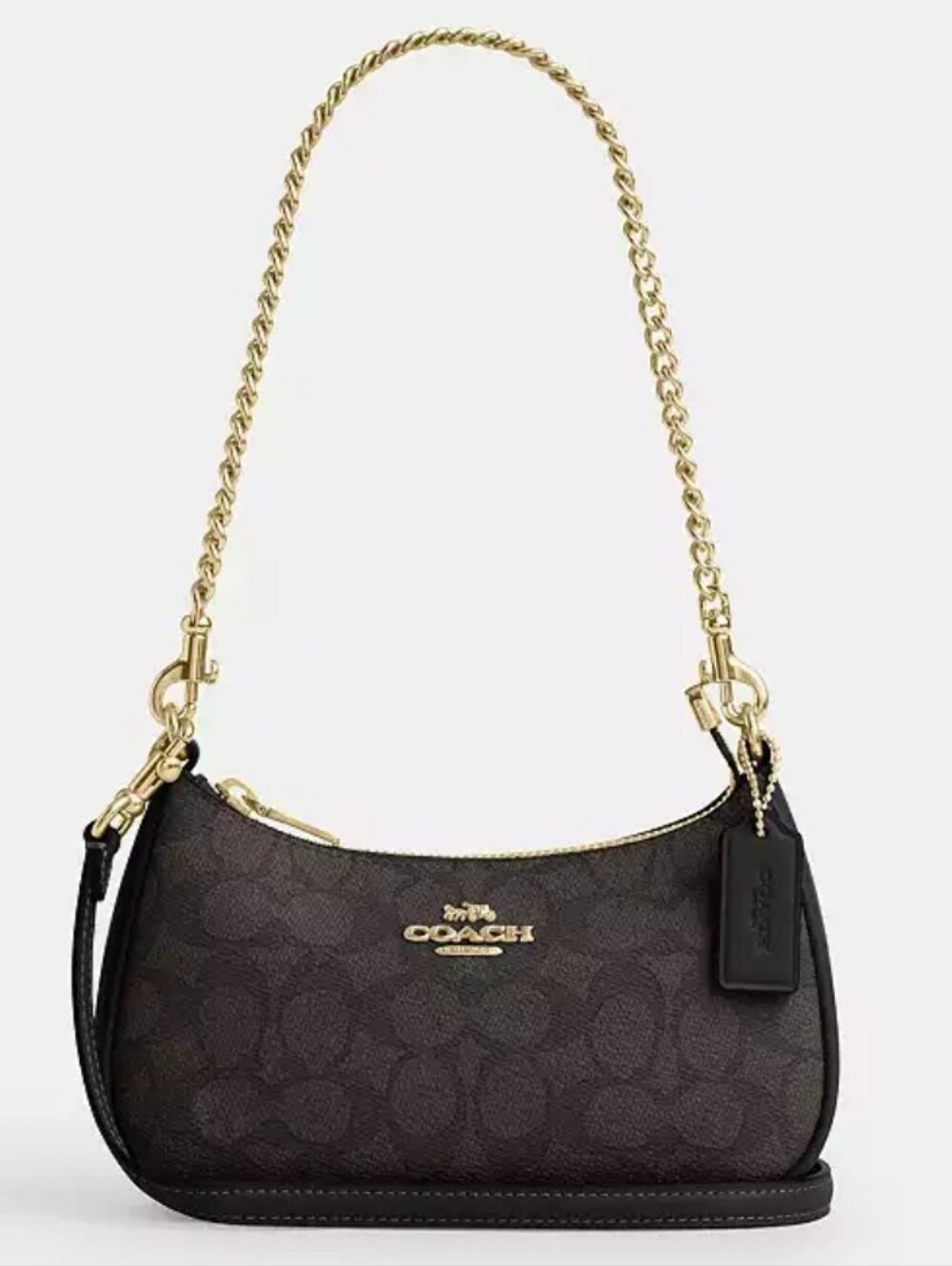 Coach Dark Brown Signature Mini Shoulder Bag with Gold Hardware